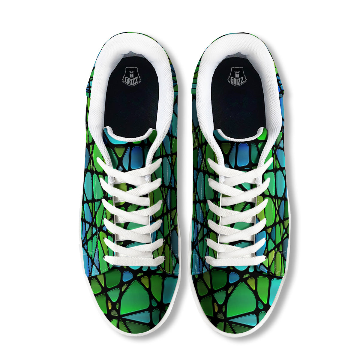 Stained Glass Green And Blue Print White Low Top Sneakers-grizzshop