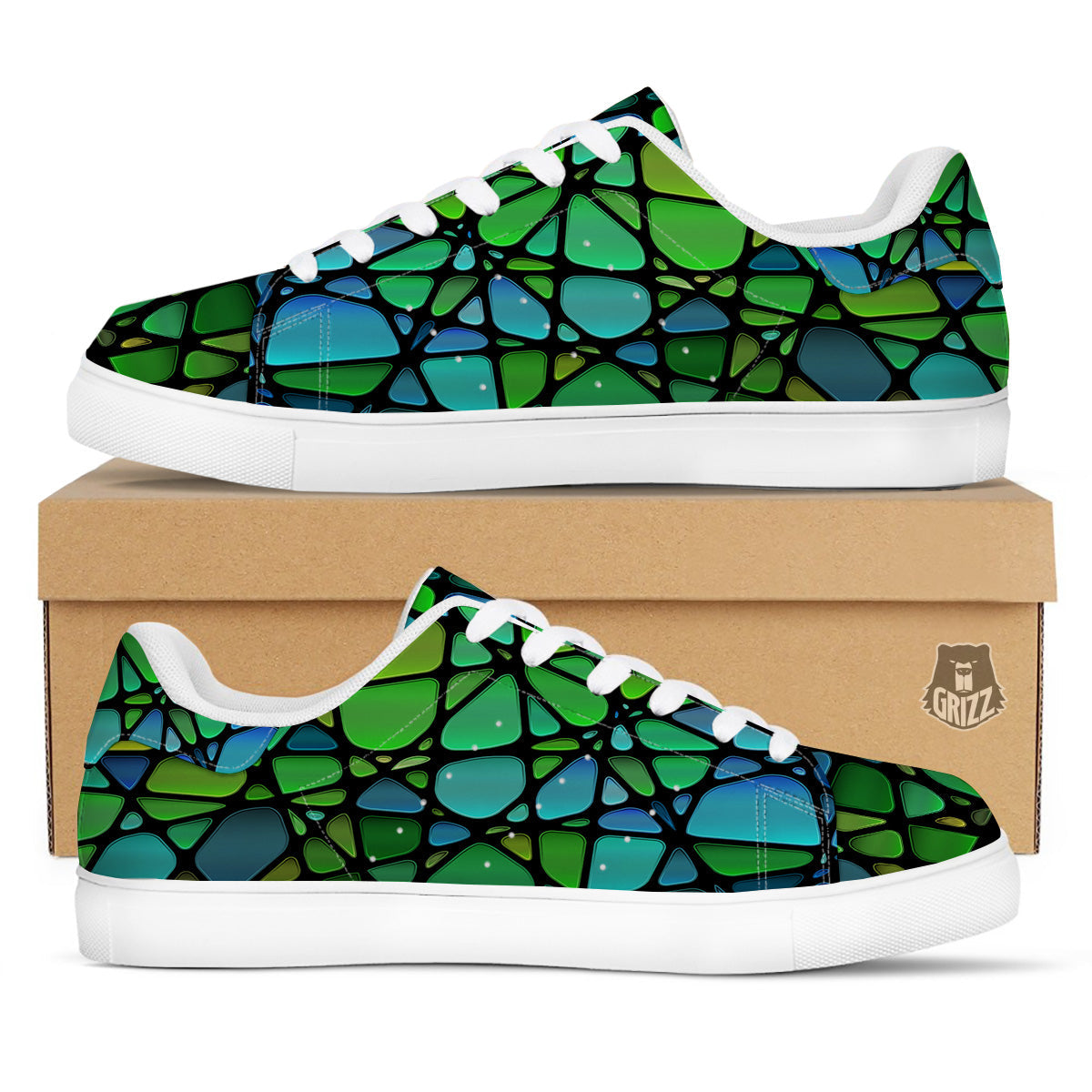 Stained Glass Green And Blue Print White Low Top Sneakers-grizzshop
