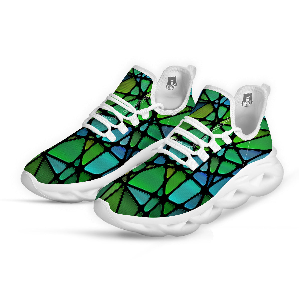 Stained Glass Green And Blue Print White Running Shoes-grizzshop