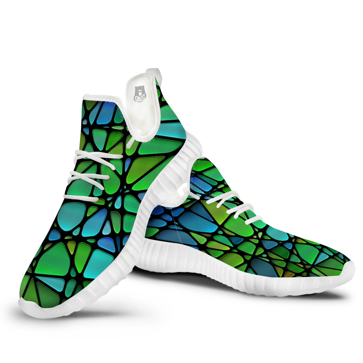 Stained Glass Green And Blue Print White Walking Shoes-grizzshop
