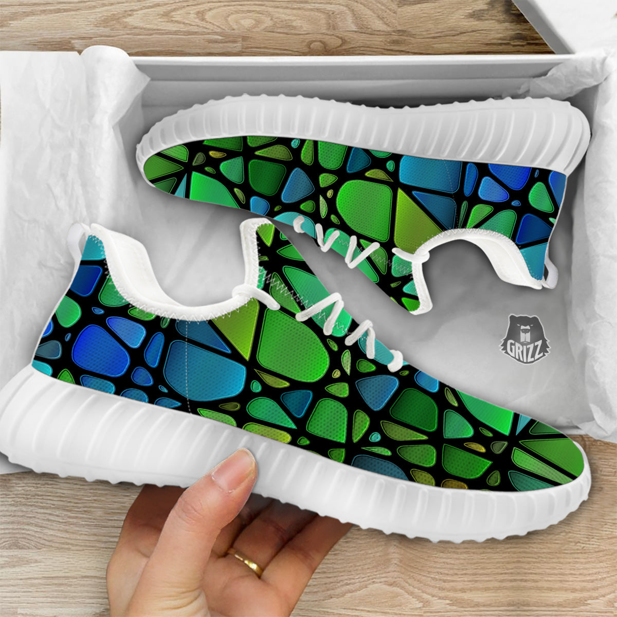 Stained Glass Green And Blue Print White Walking Shoes-grizzshop