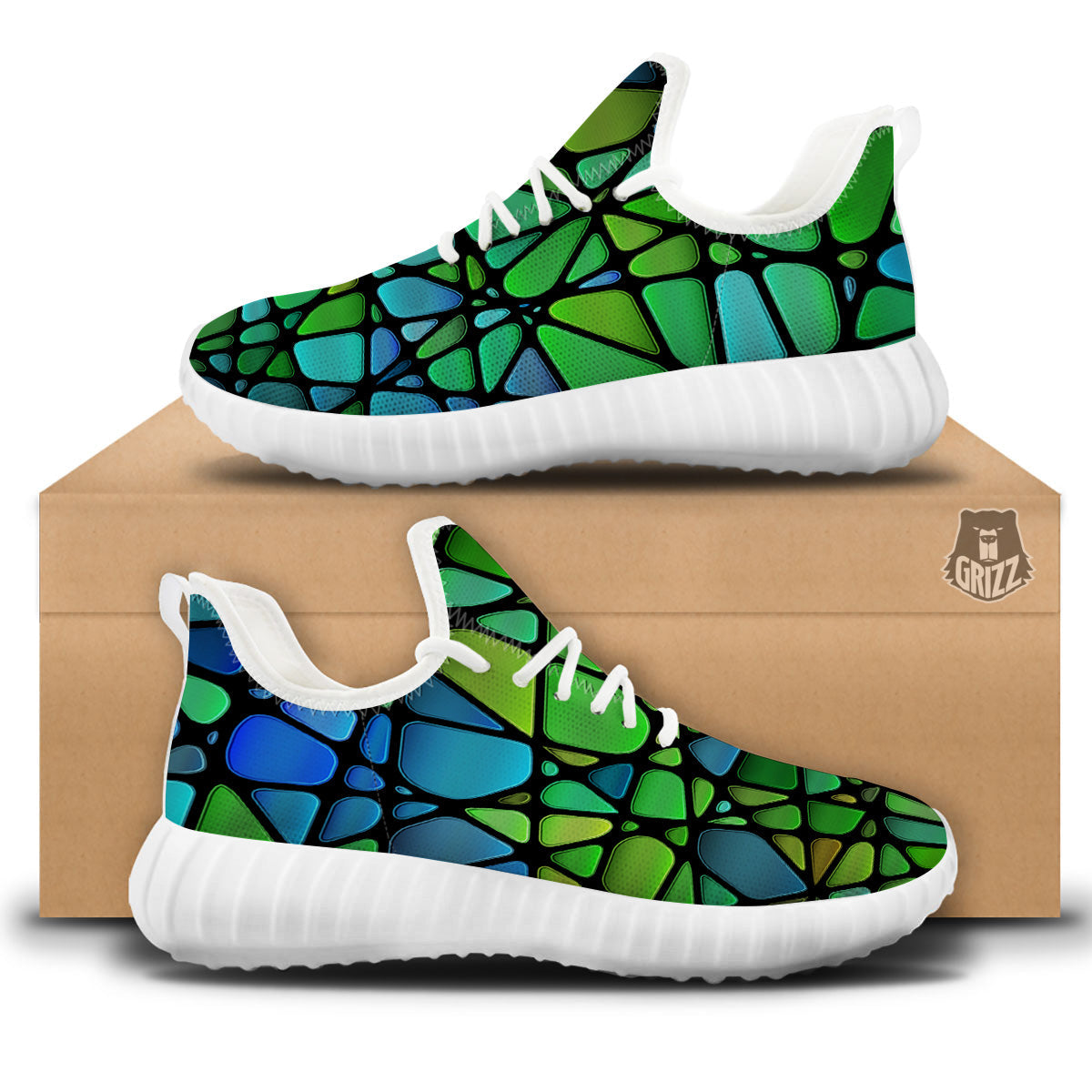 Stained Glass Green And Blue Print White Walking Shoes-grizzshop