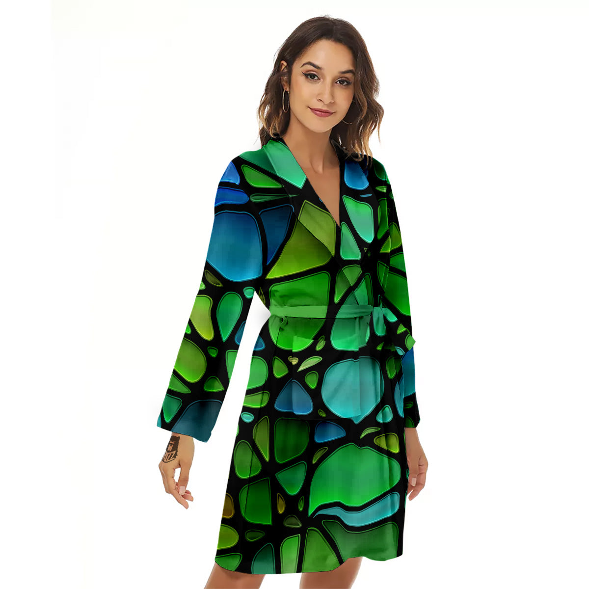 Stained Glass Green And Blue Print Women's Robe-grizzshop