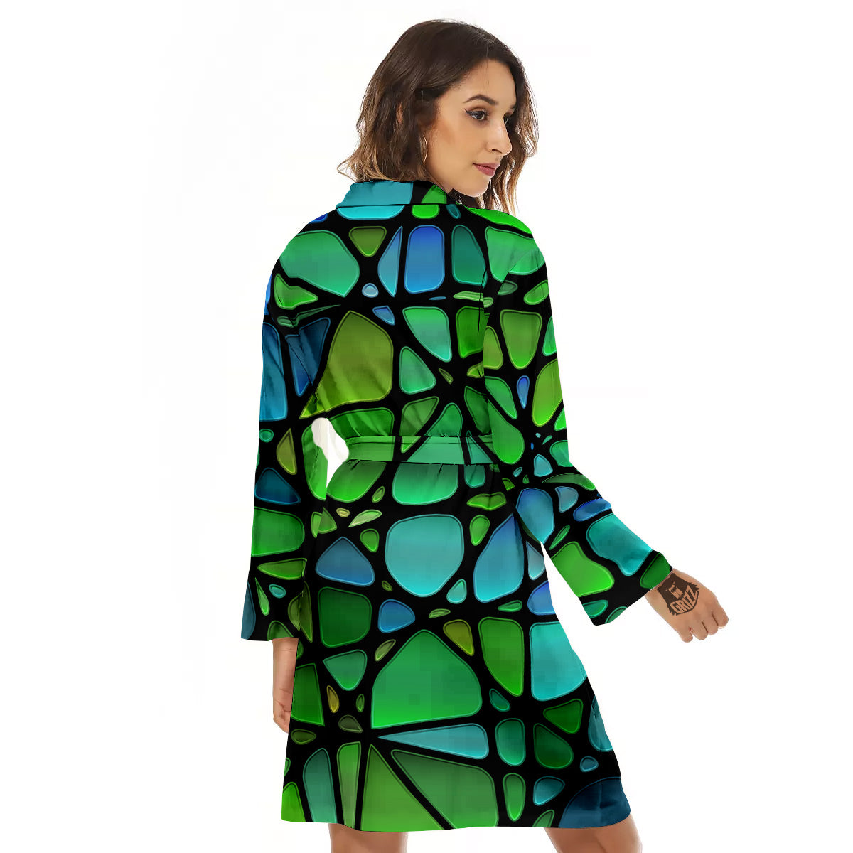 Stained Glass Green And Blue Print Women's Robe-grizzshop