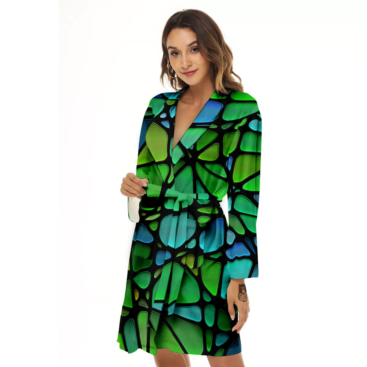 Stained Glass Green And Blue Print Women's Robe-grizzshop
