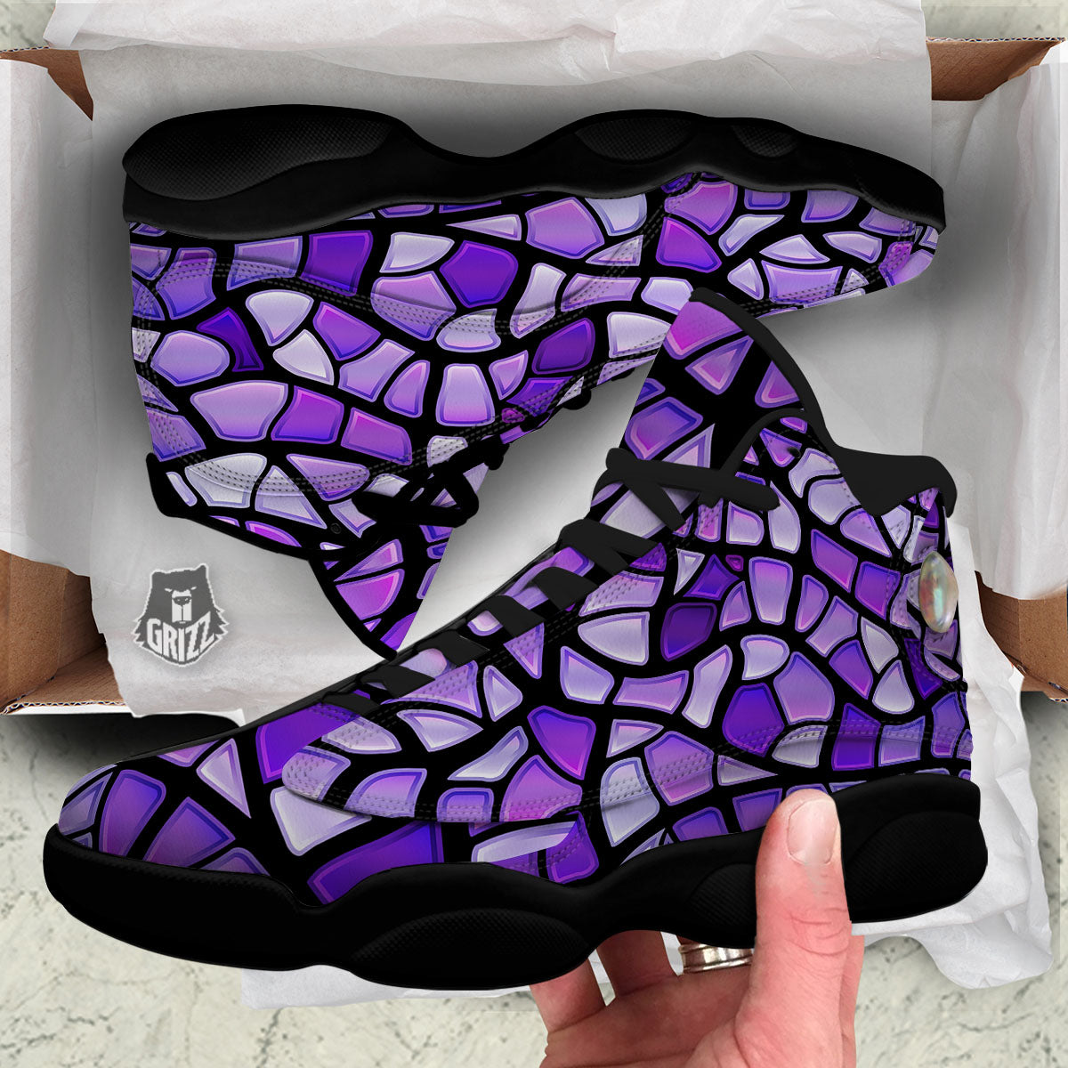 Stained Glass Mosaic Purple Print Black Basketball Shoes-grizzshop