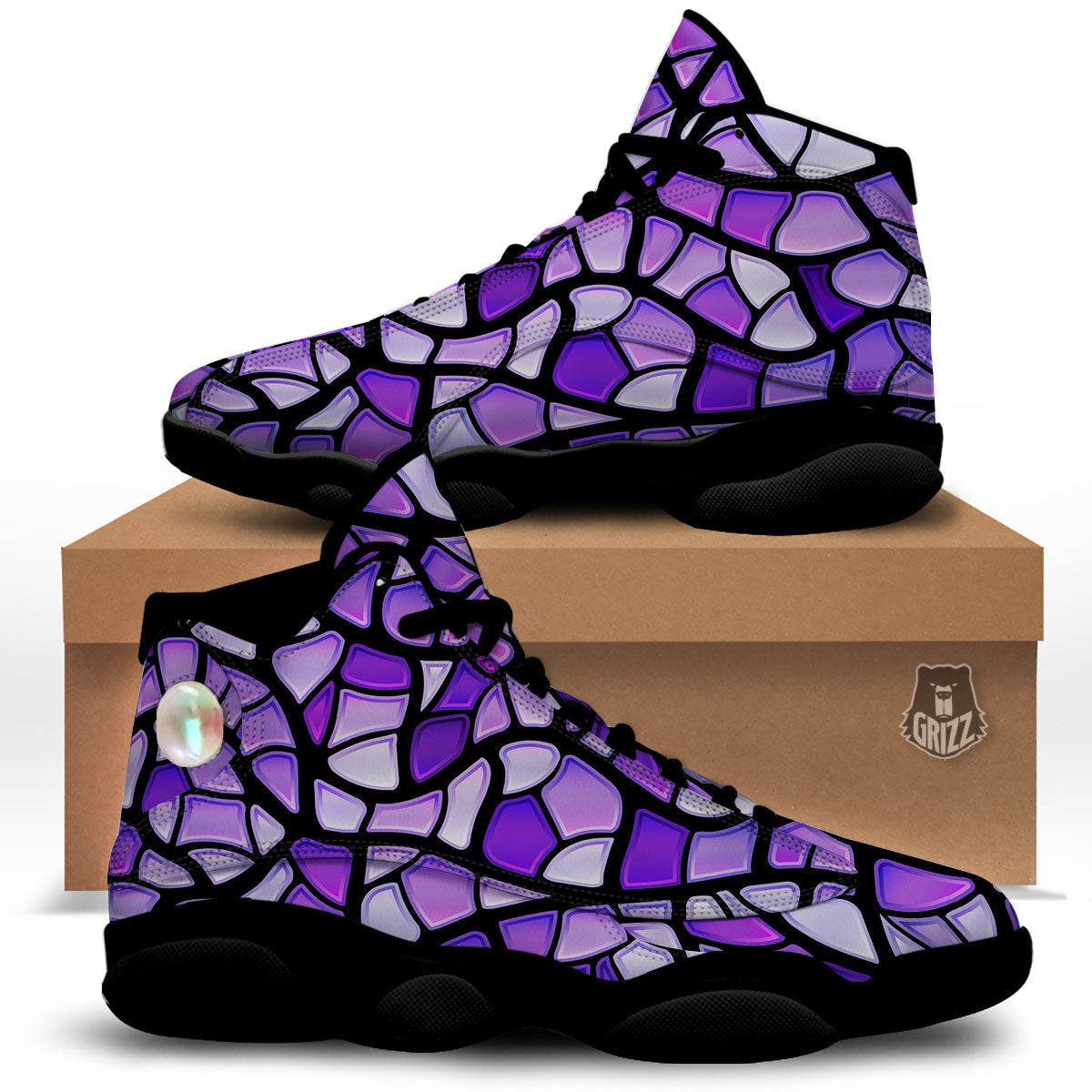 Stained Glass Mosaic Purple Print Black Basketball Shoes-grizzshop
