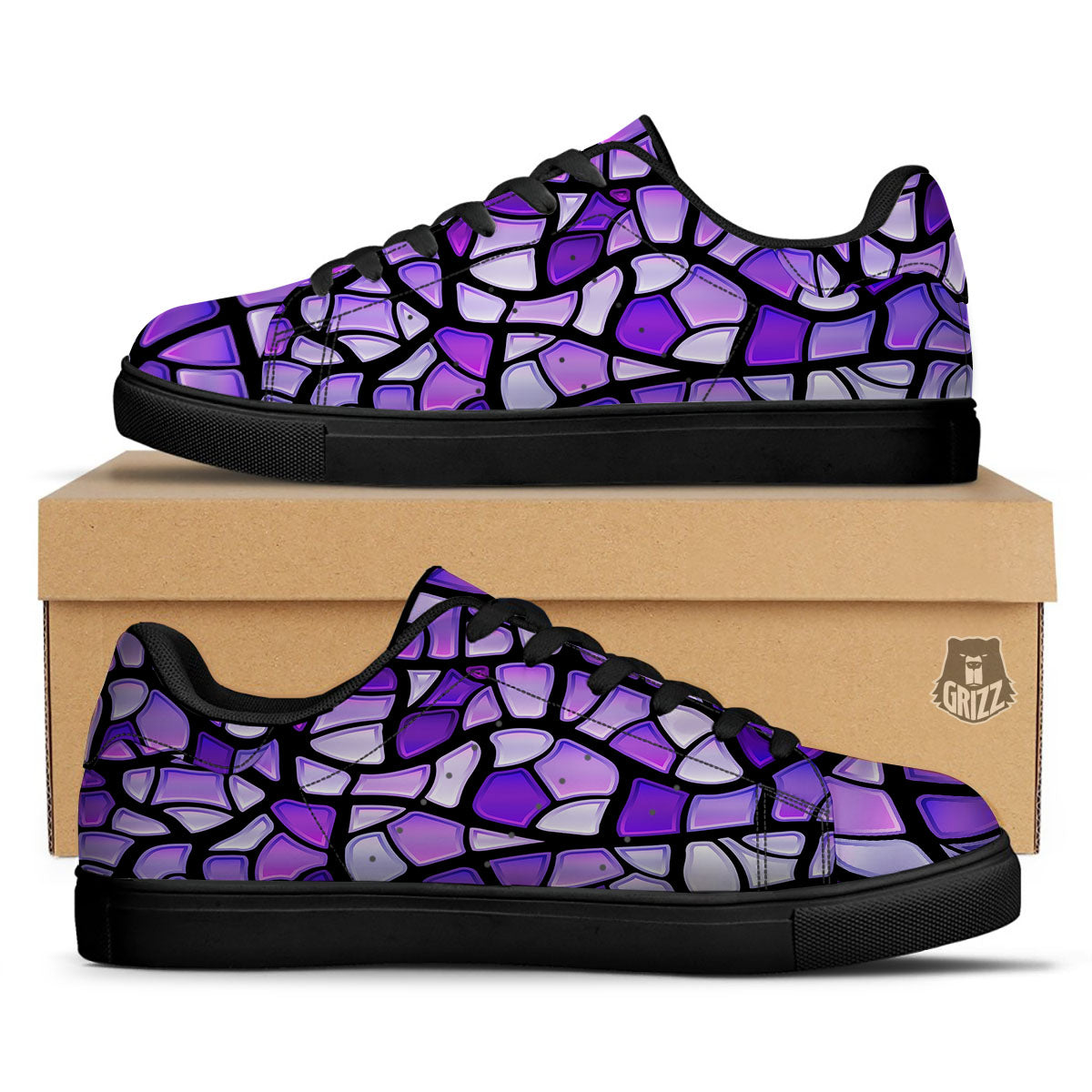 Stained Glass Mosaic Purple Print Black Low Top Sneakers-grizzshop