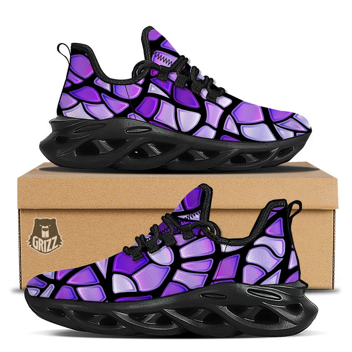 Stained Glass Mosaic Purple Print Black Running Shoes-grizzshop