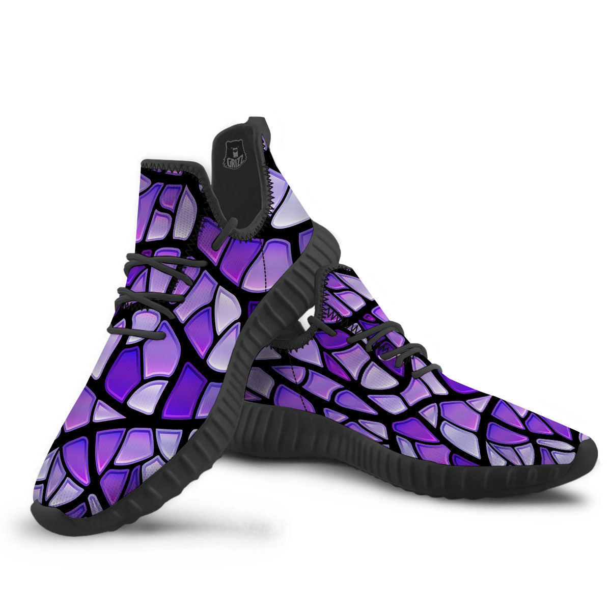 Stained Glass Mosaic Purple Print Black Walking Shoes-grizzshop