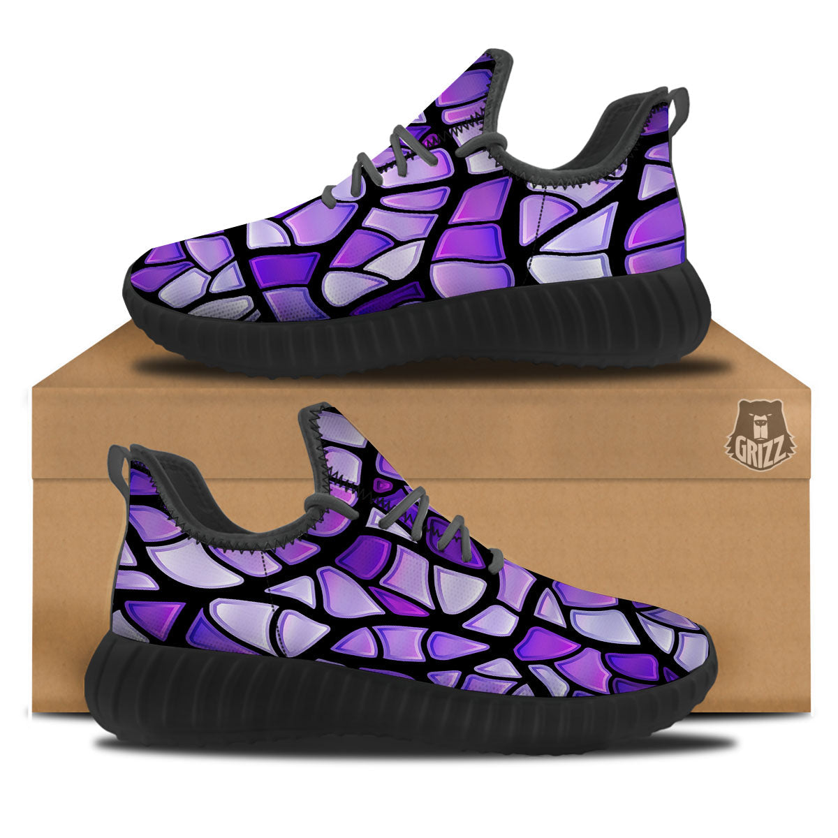 Stained Glass Mosaic Purple Print Black Walking Shoes-grizzshop