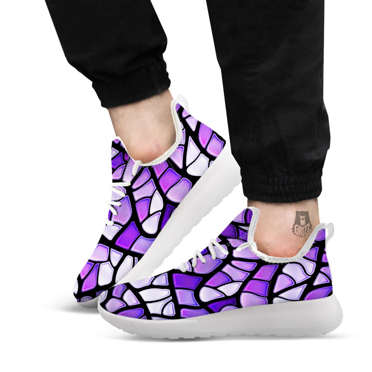 Stained Glass Mosaic Purple Print White Athletic Shoes-grizzshop