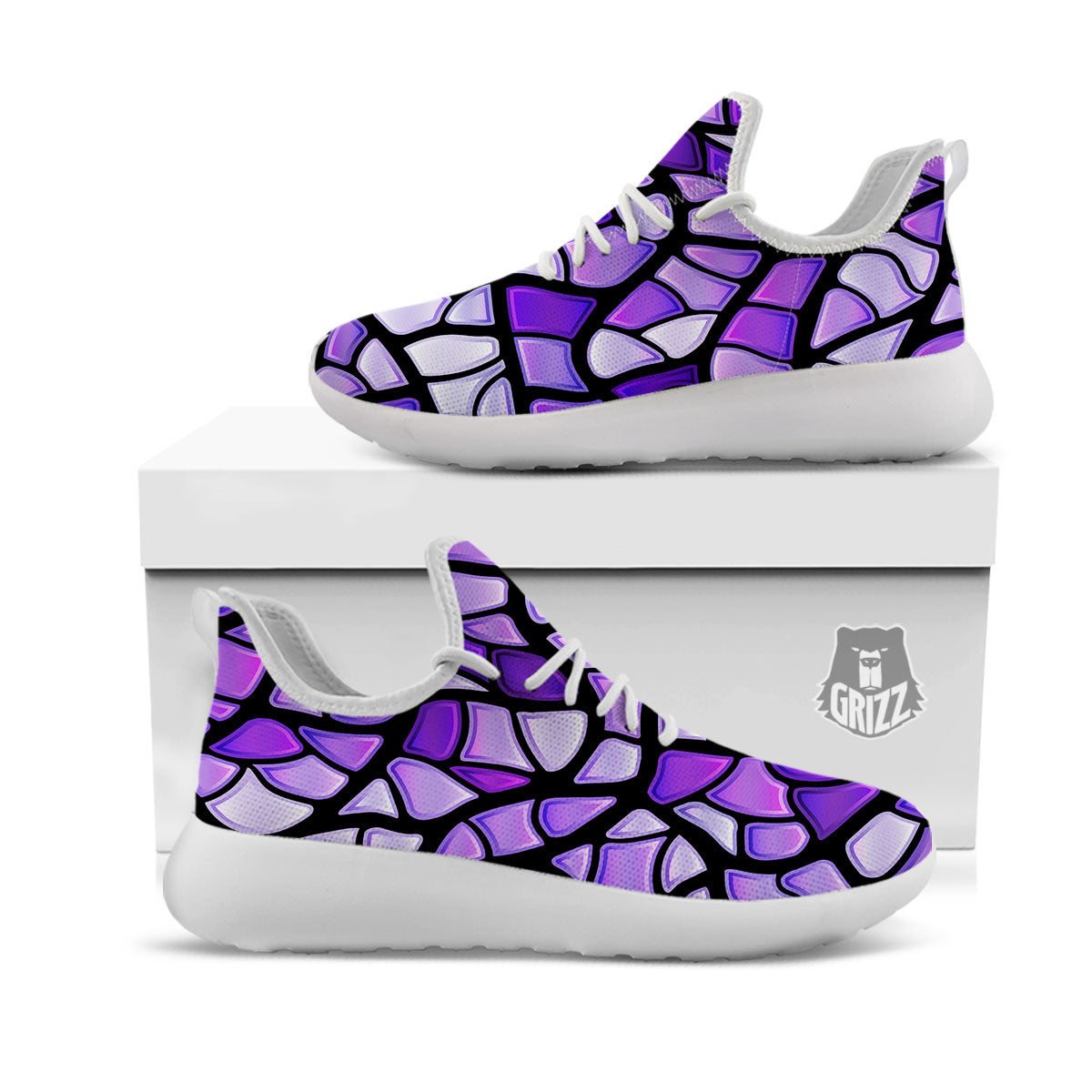 Stained Glass Mosaic Purple Print White Athletic Shoes-grizzshop