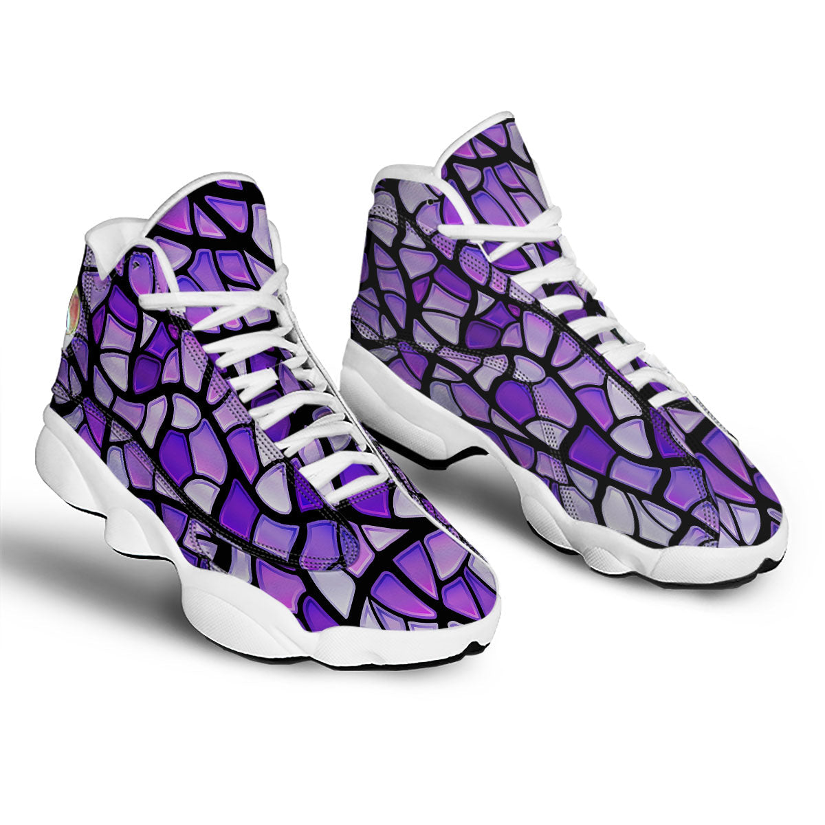Stained Glass Mosaic Purple Print White Basketball Shoes-grizzshop