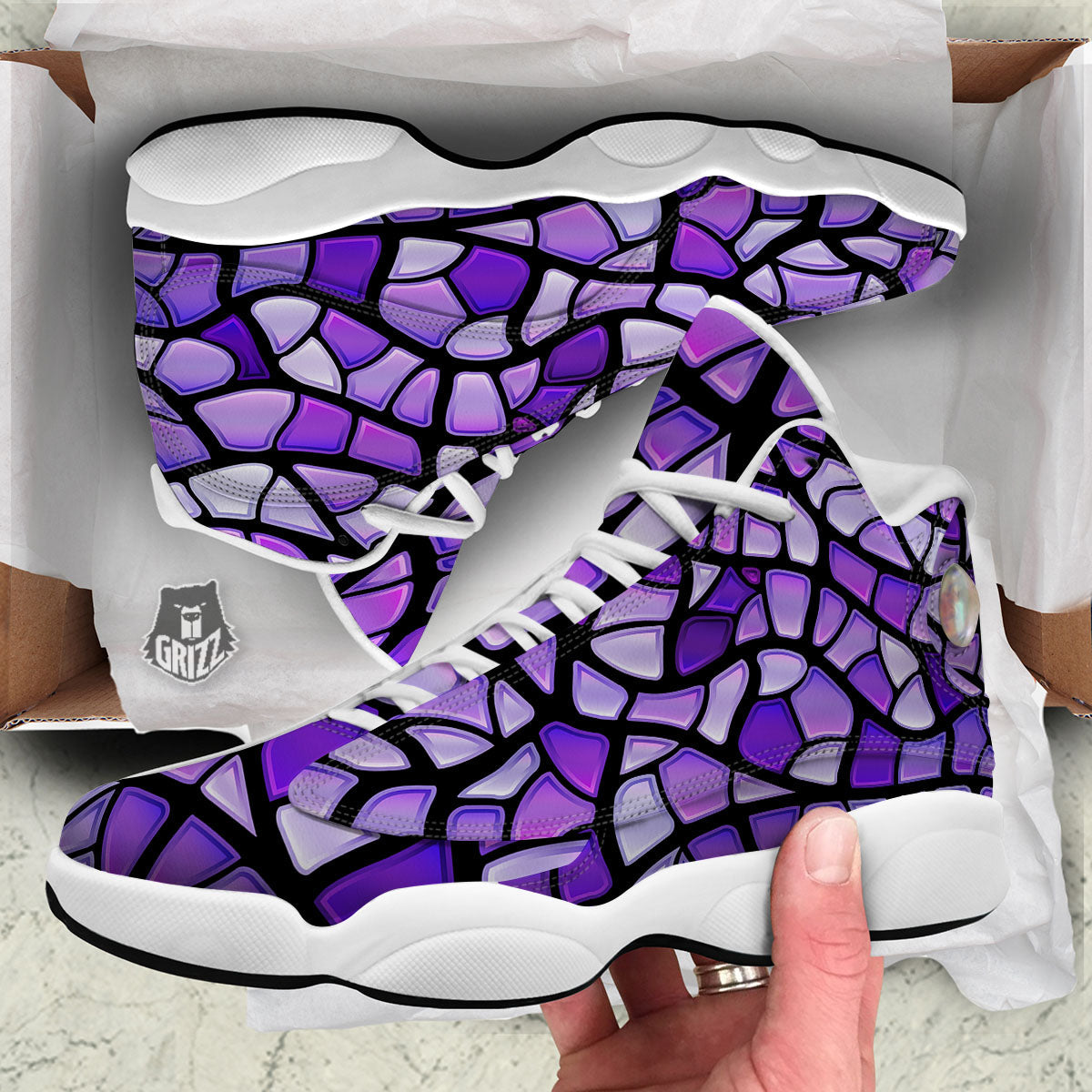 Stained Glass Mosaic Purple Print White Basketball Shoes-grizzshop