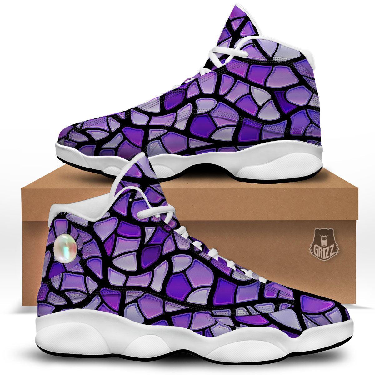 Stained Glass Mosaic Purple Print White Basketball Shoes-grizzshop
