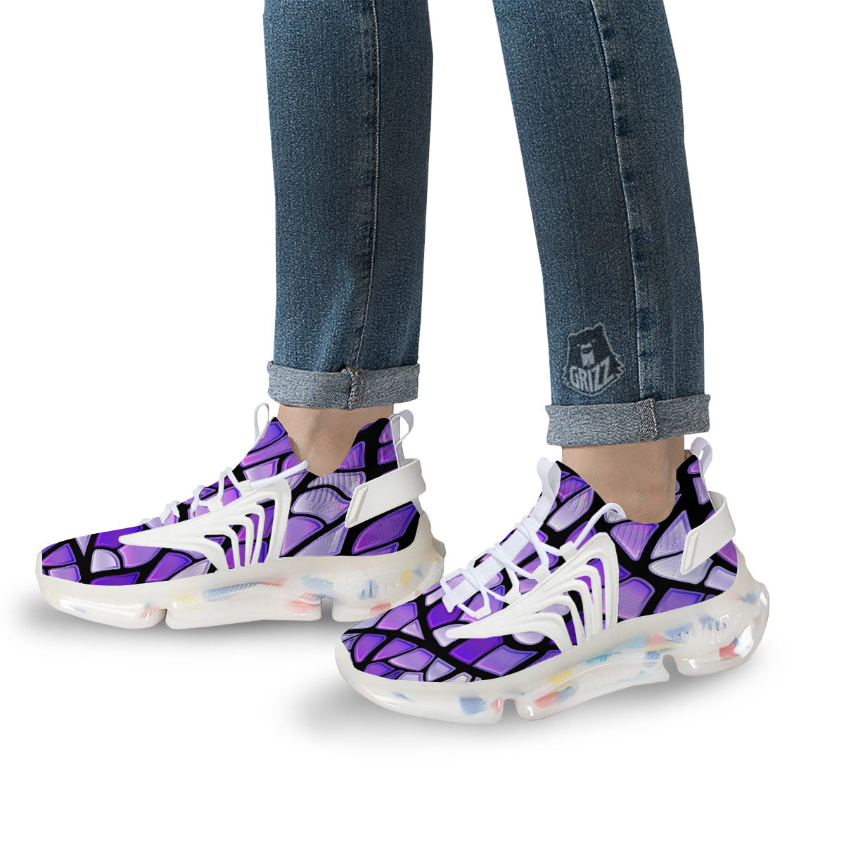 Stained Glass Mosaic Purple Print White Gym Shoes-grizzshop