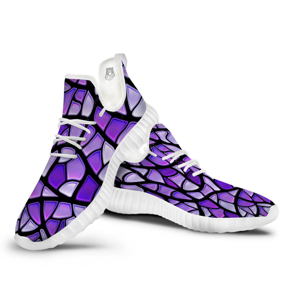 Stained Glass Mosaic Purple Print White Walking Shoes-grizzshop