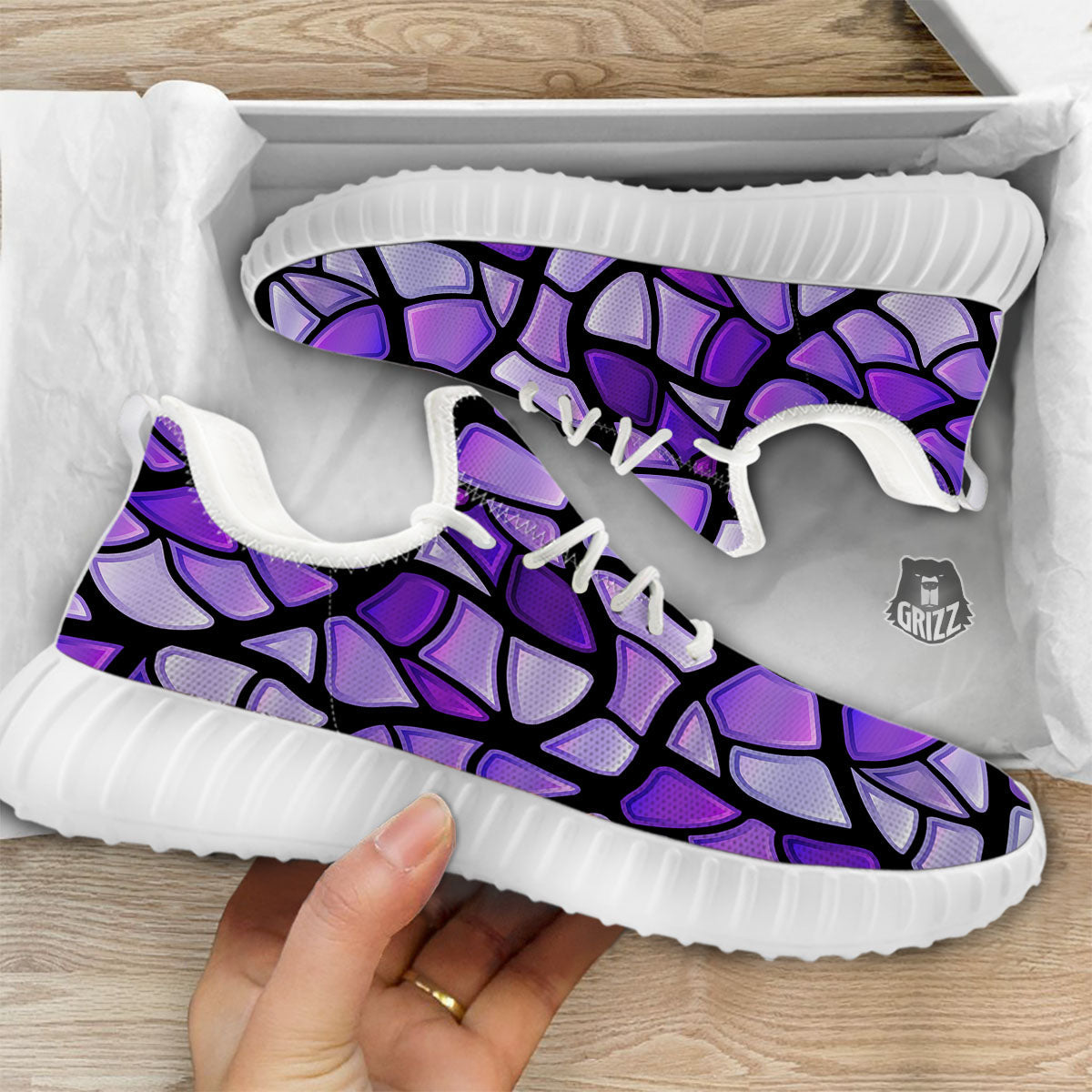 Stained Glass Mosaic Purple Print White Walking Shoes-grizzshop