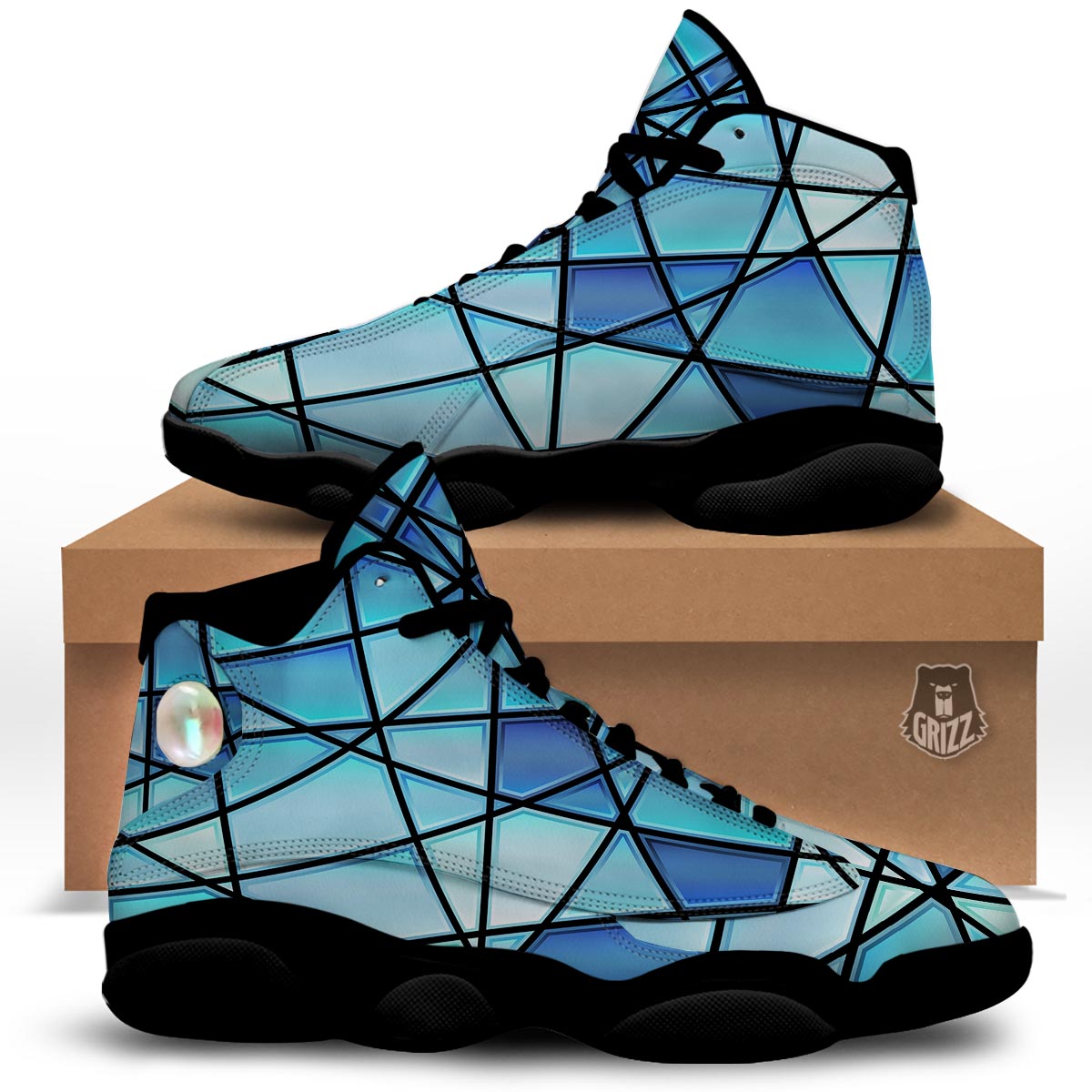 Stained Glass Mosaic Teal Print Black Basketball Shoes-grizzshop