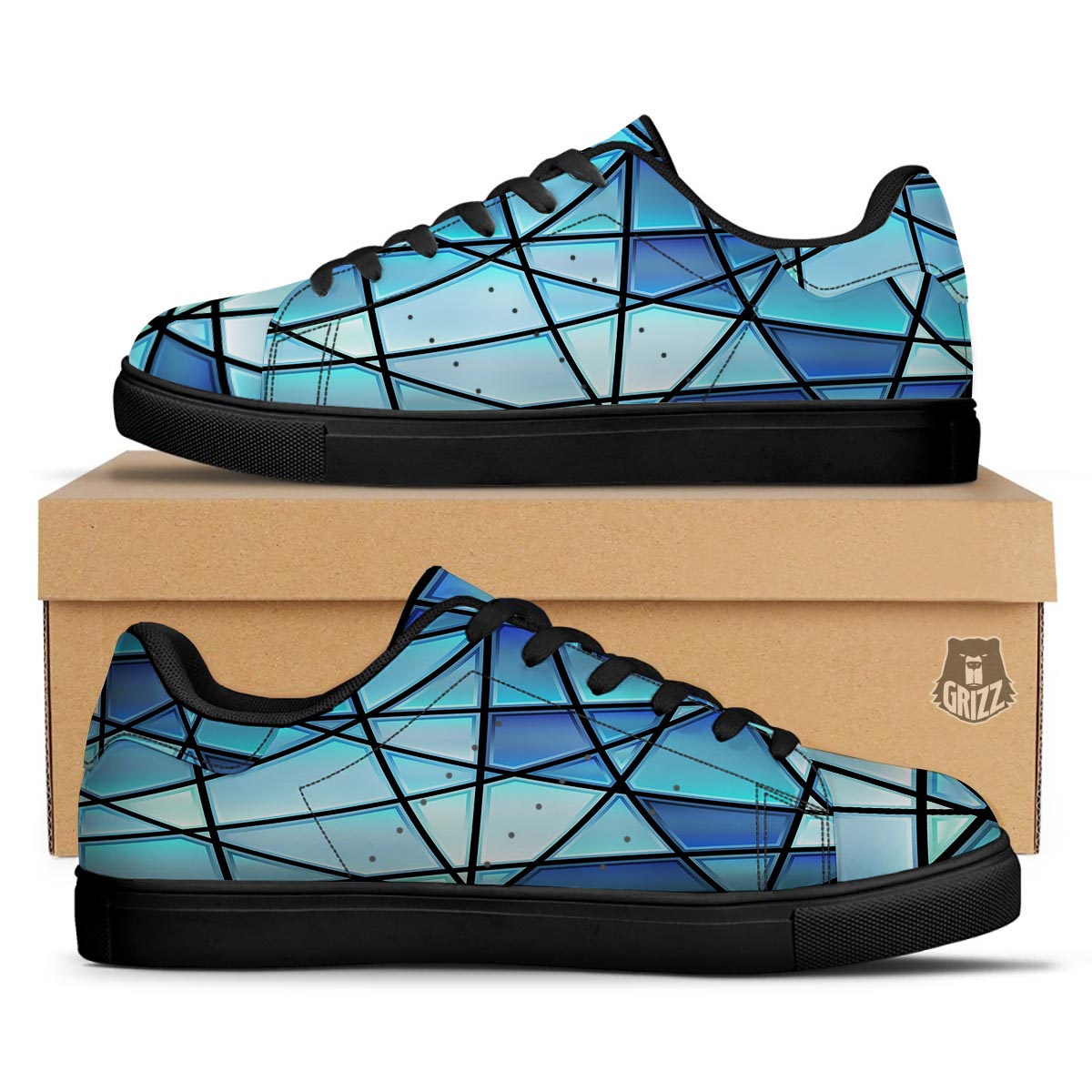 Stained Glass Mosaic Teal Print Black Low Top Sneakers-grizzshop