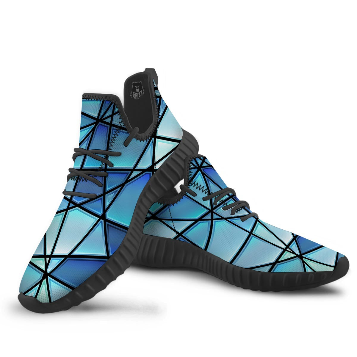 Stained Glass Mosaic Teal Print Black Walking Shoes-grizzshop