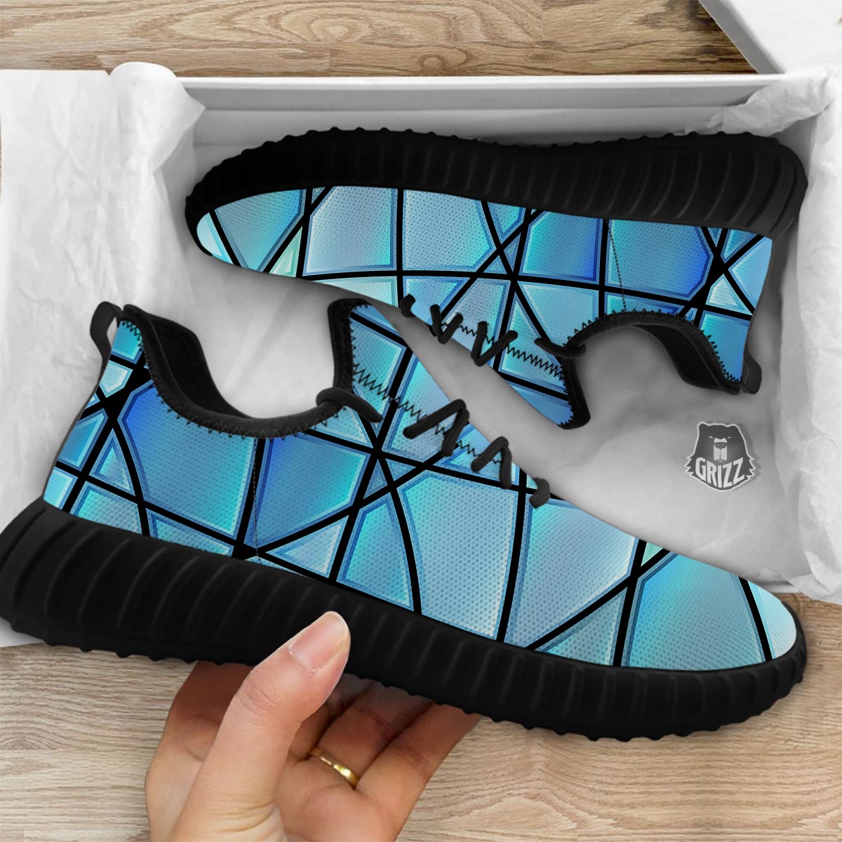 Stained Glass Mosaic Teal Print Black Walking Shoes-grizzshop