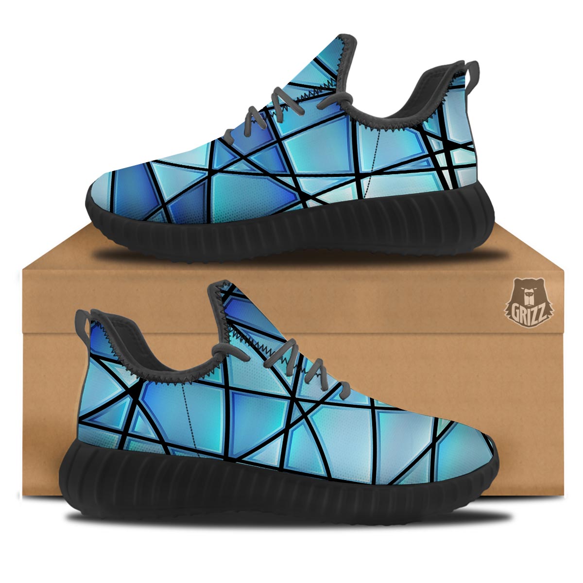 Stained Glass Mosaic Teal Print Black Walking Shoes-grizzshop