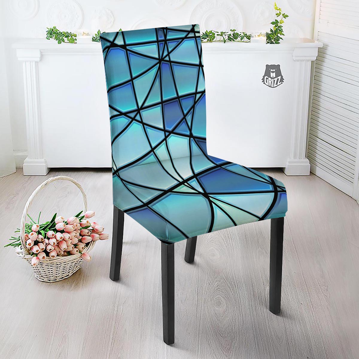 Stained Glass Mosaic Teal Print Dining Chair Slipcover-grizzshop