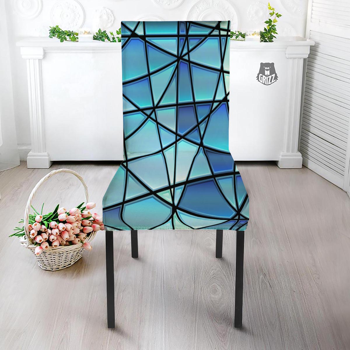 Stained Glass Mosaic Teal Print Dining Chair Slipcover-grizzshop