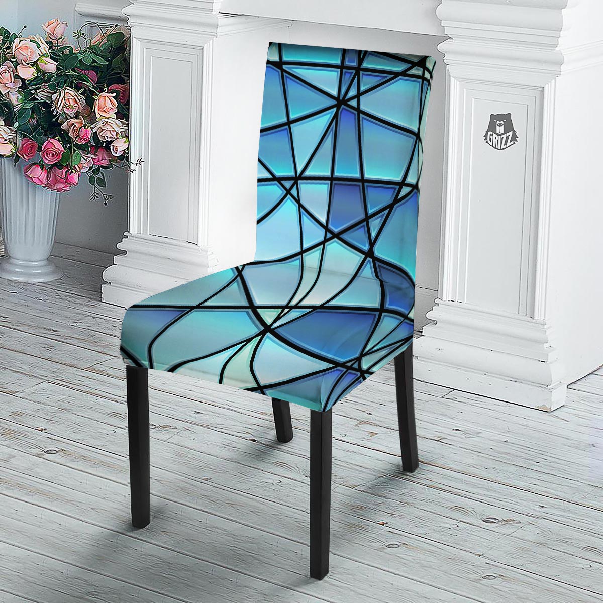 Stained Glass Mosaic Teal Print Dining Chair Slipcover-grizzshop