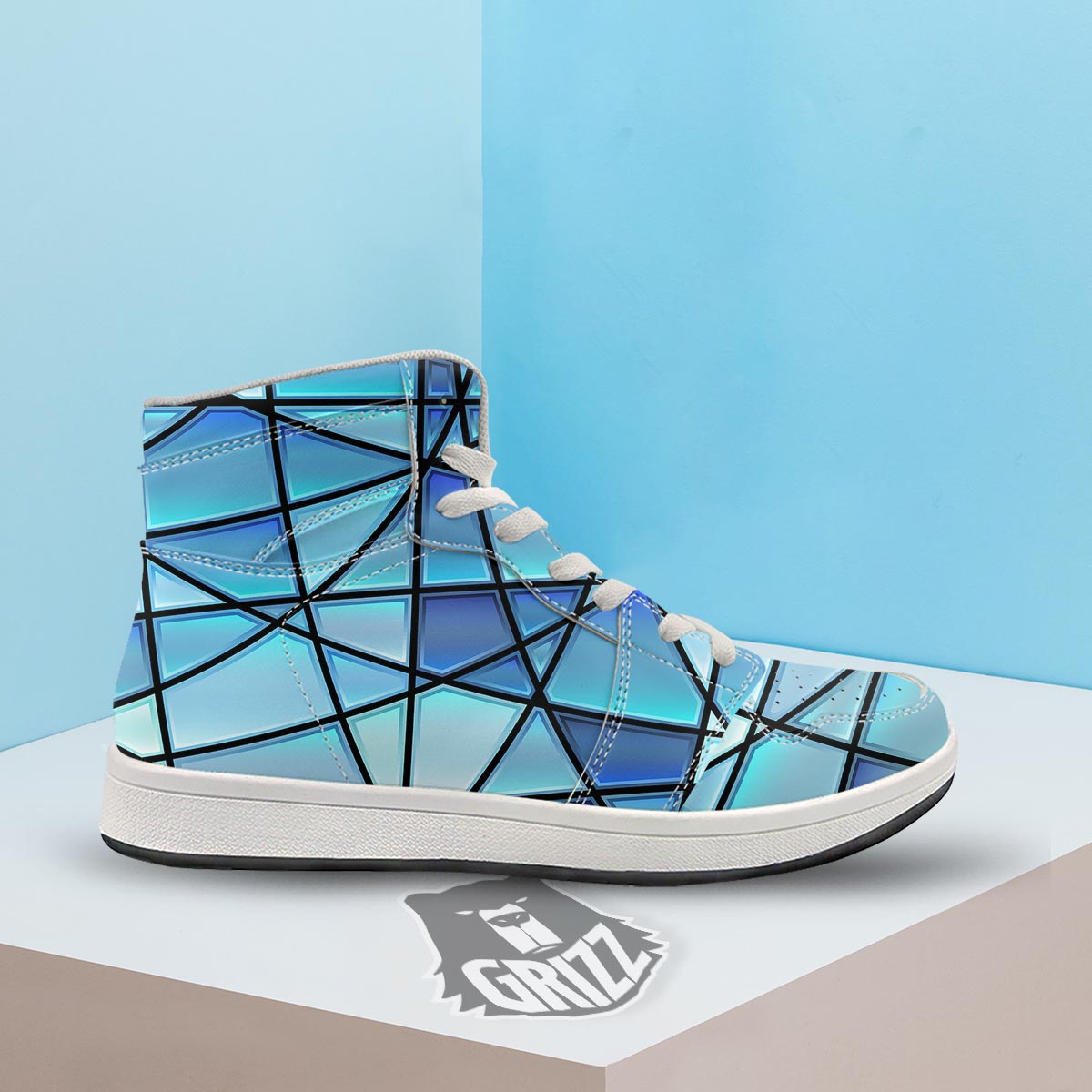 Stained Glass Mosaic Teal Print High Top Sneakers-grizzshop