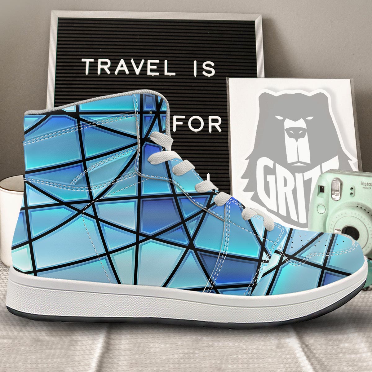 Stained Glass Mosaic Teal Print High Top Sneakers-grizzshop