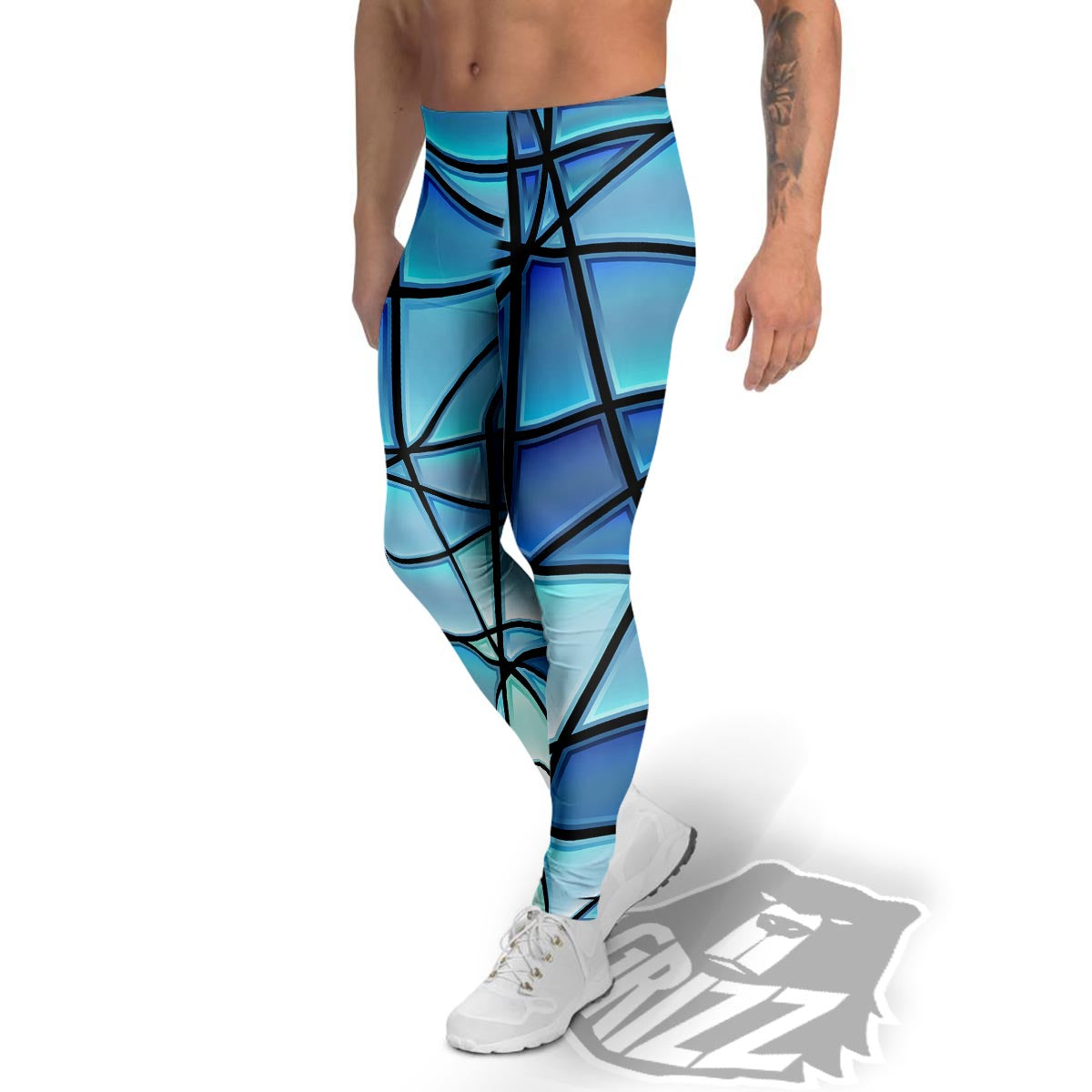 Stained Glass Mosaic Teal Print Men's Leggings-grizzshop