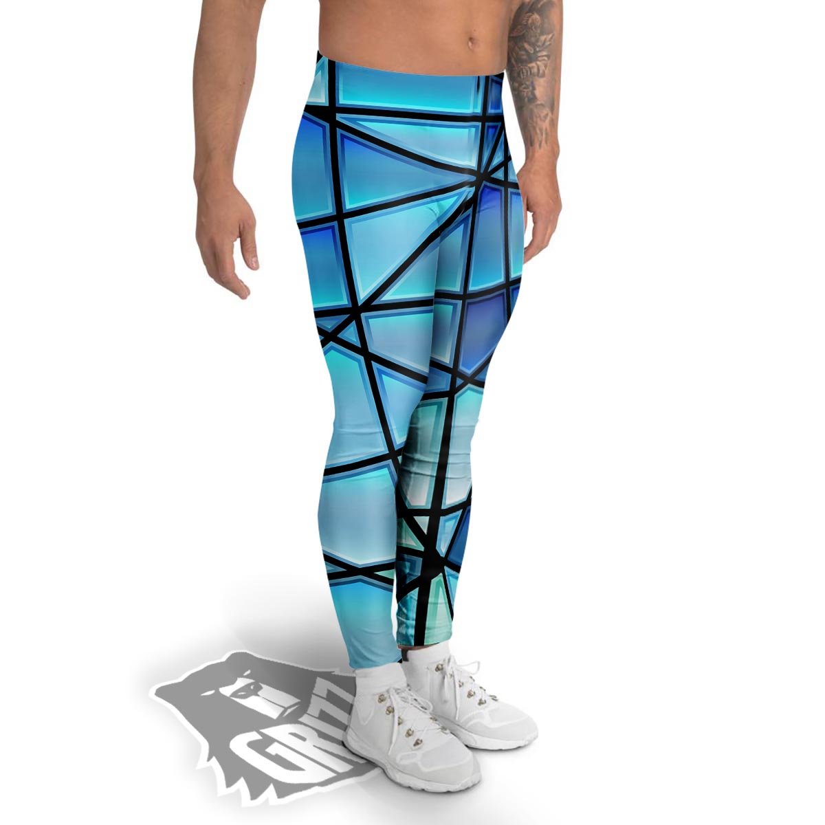 Stained Glass Mosaic Teal Print Men's Leggings-grizzshop