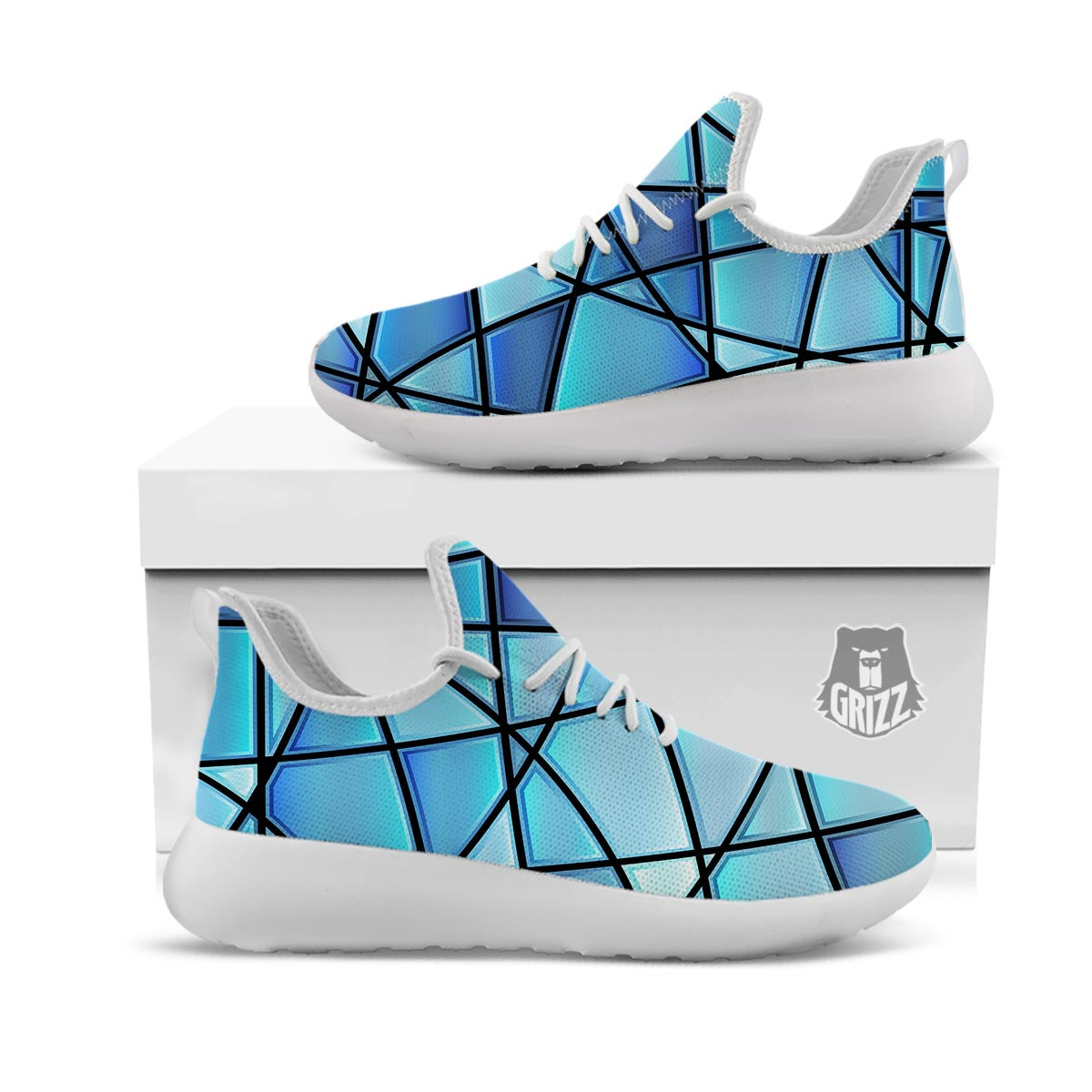 Stained Glass Mosaic Teal Print White Athletic Shoes-grizzshop