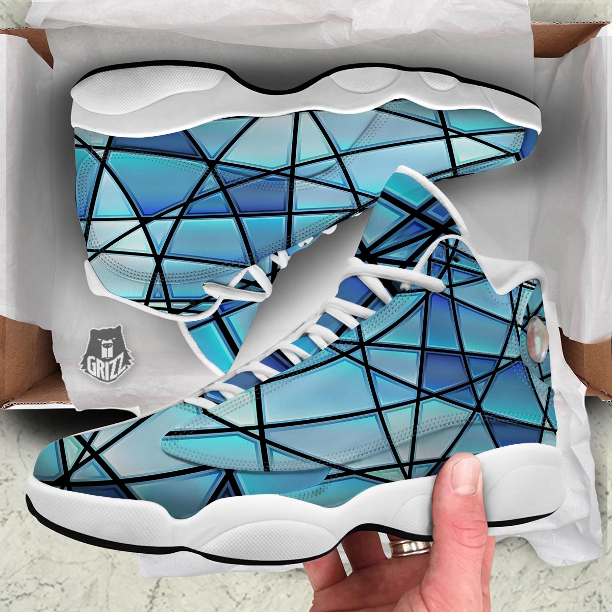 Stained Glass Mosaic Teal Print White Basketball Shoes-grizzshop