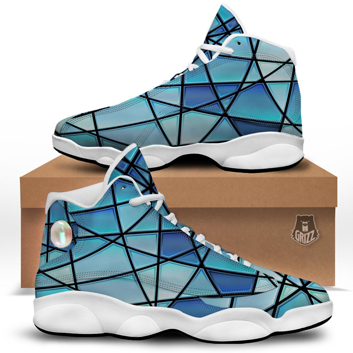 Stained Glass Mosaic Teal Print White Basketball Shoes-grizzshop
