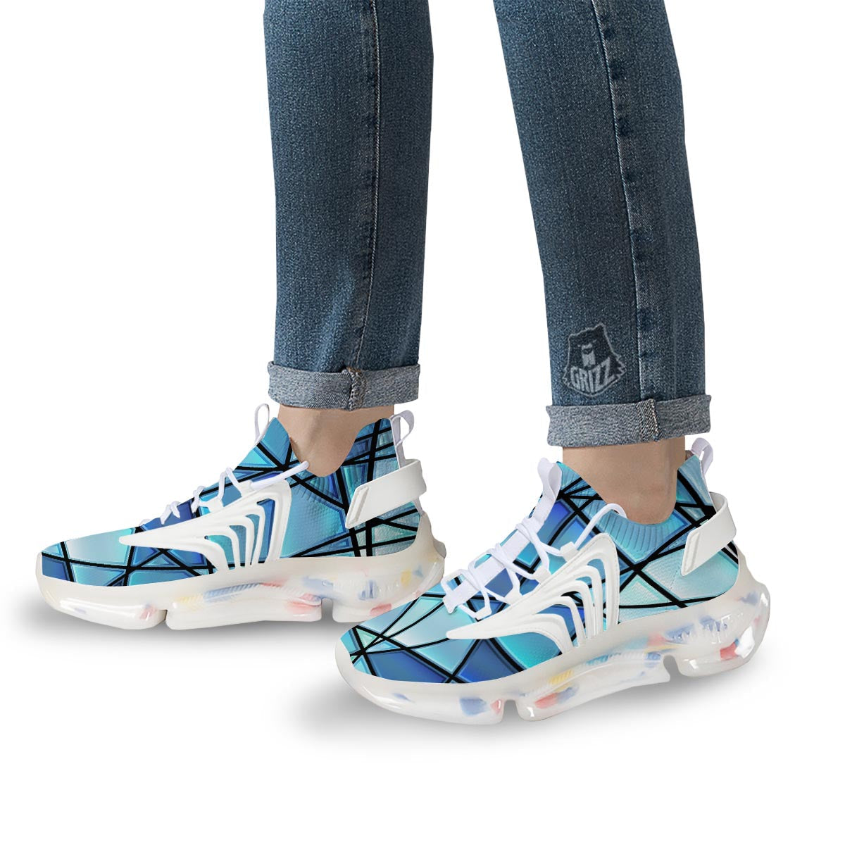 Stained Glass Mosaic Teal Print White Gym Shoes-grizzshop