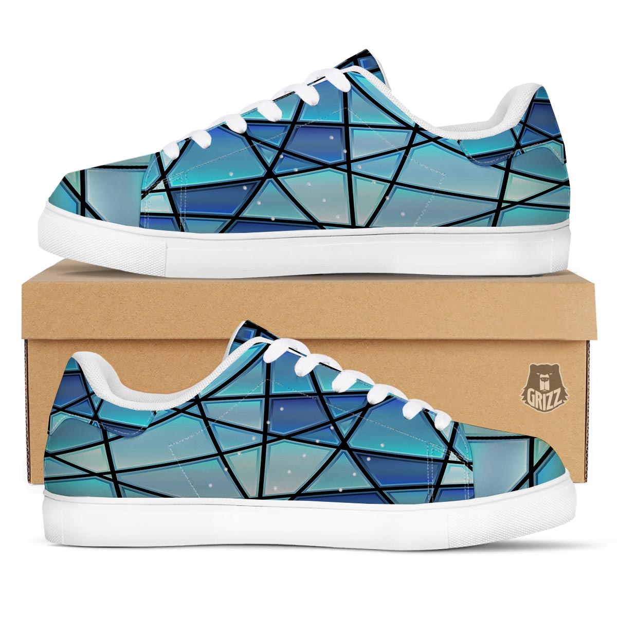 Stained Glass Mosaic Teal Print White Low Top Sneakers-grizzshop