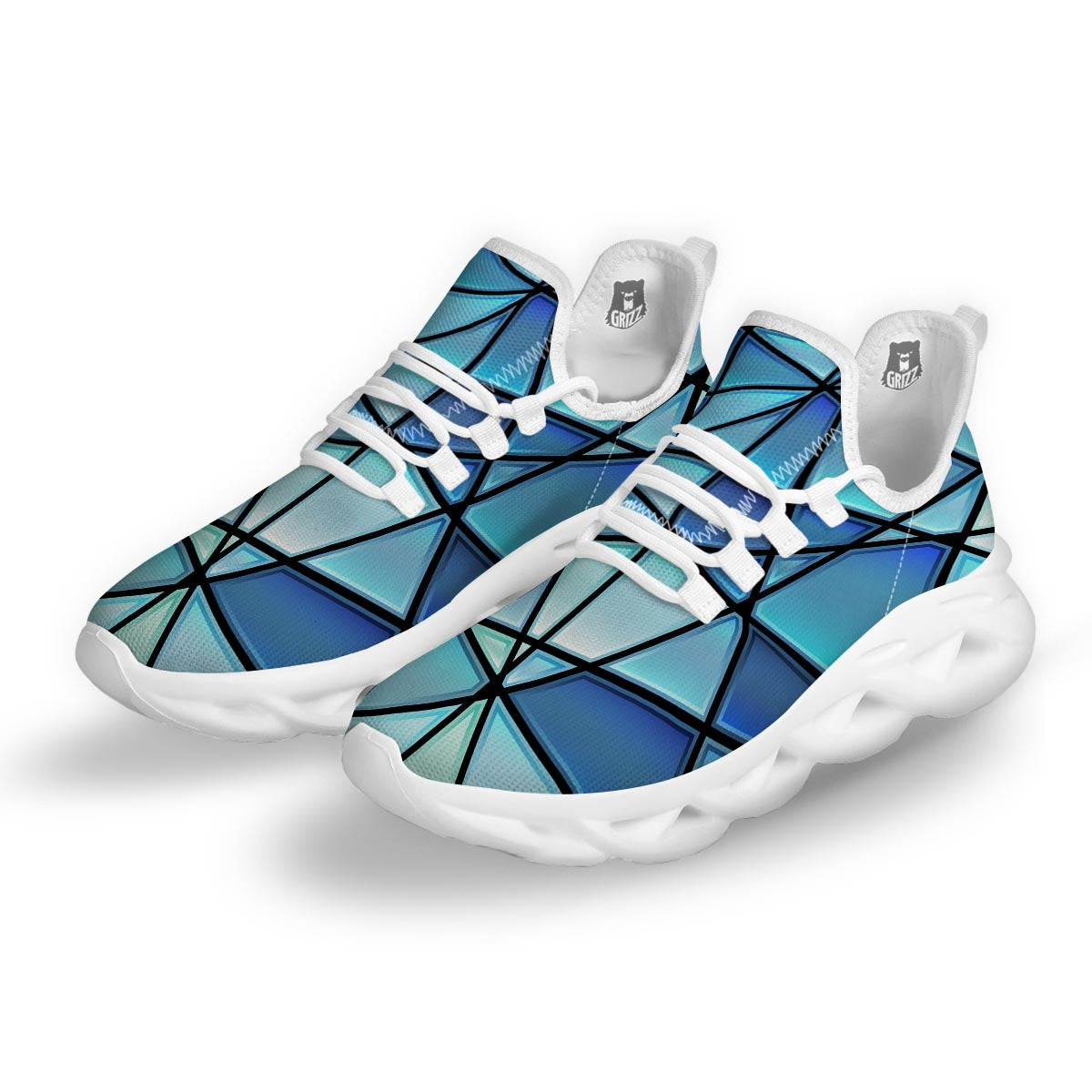 Stained Glass Mosaic Teal Print White Running Shoes-grizzshop