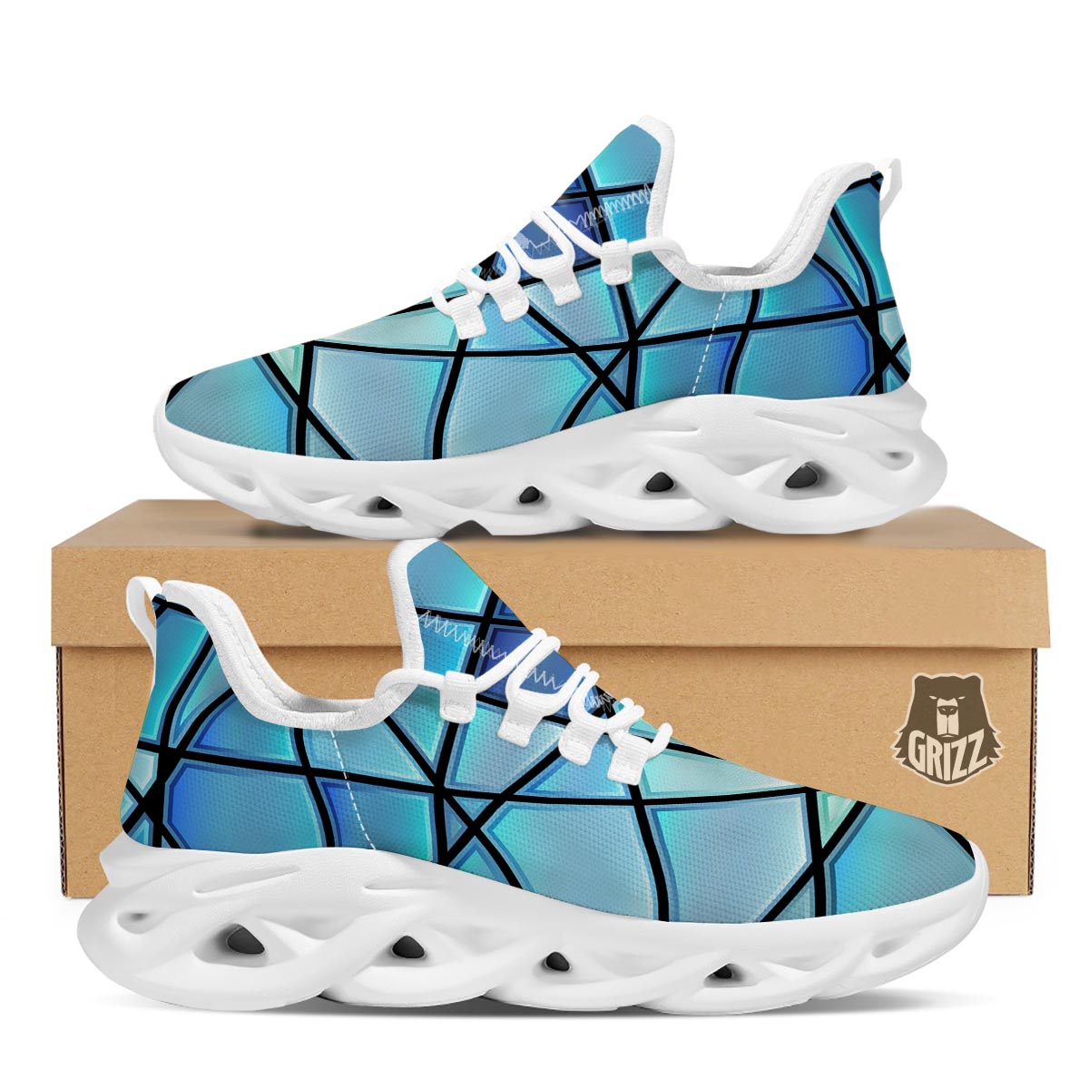 Stained Glass Mosaic Teal Print White Running Shoes-grizzshop