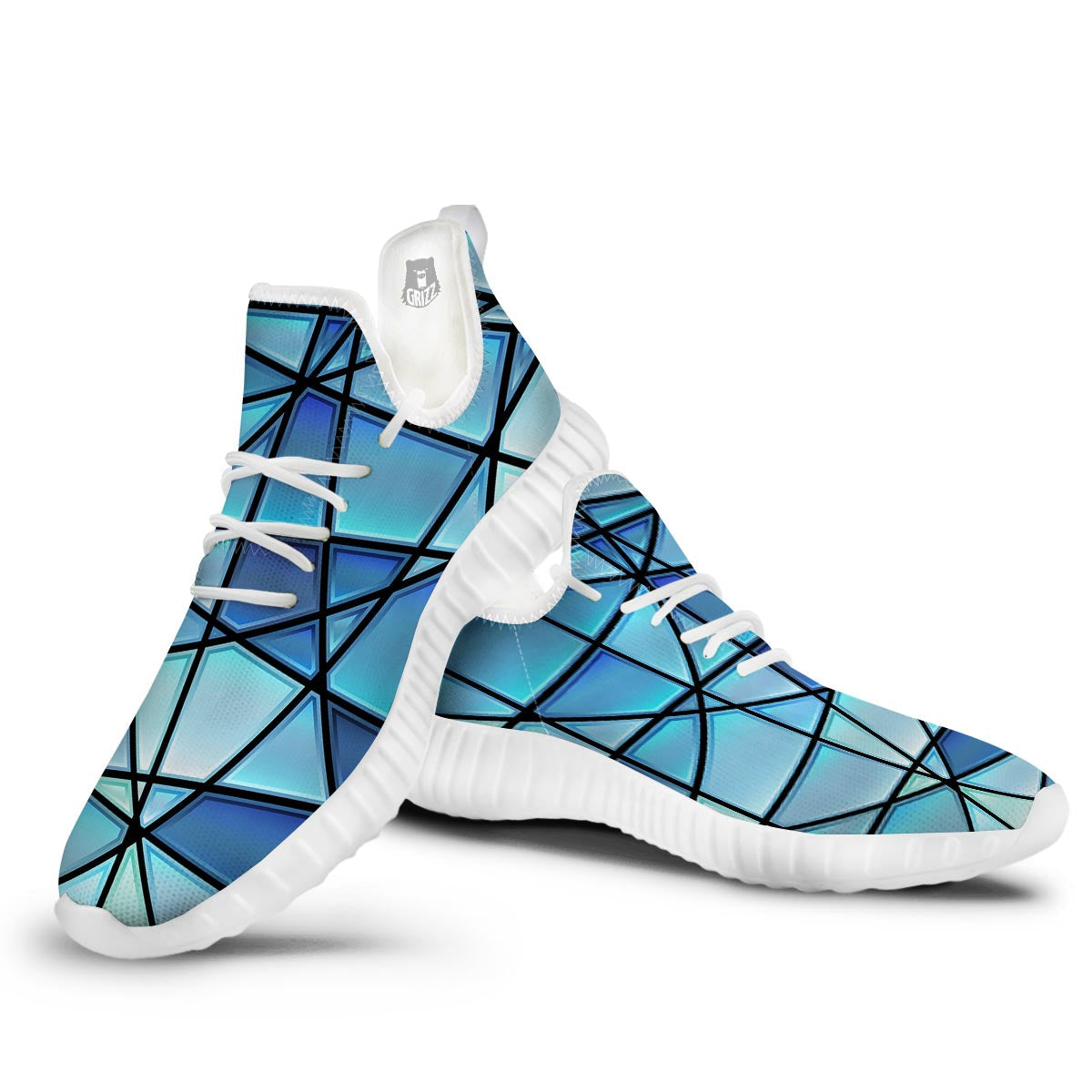 Stained Glass Mosaic Teal Print White Walking Shoes-grizzshop