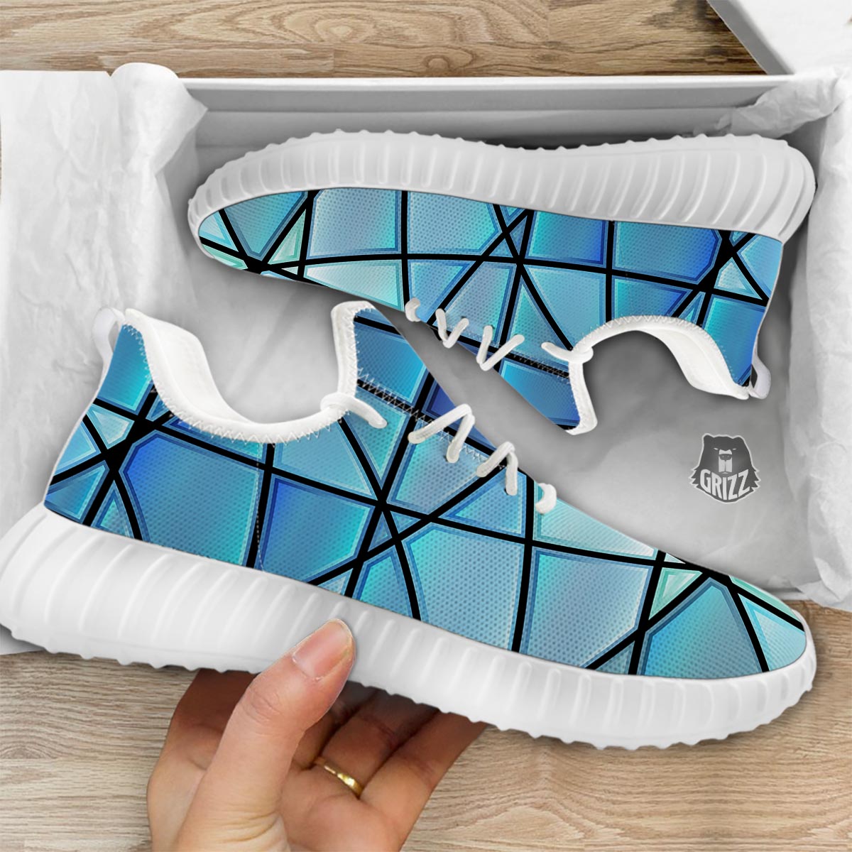Stained Glass Mosaic Teal Print White Walking Shoes-grizzshop