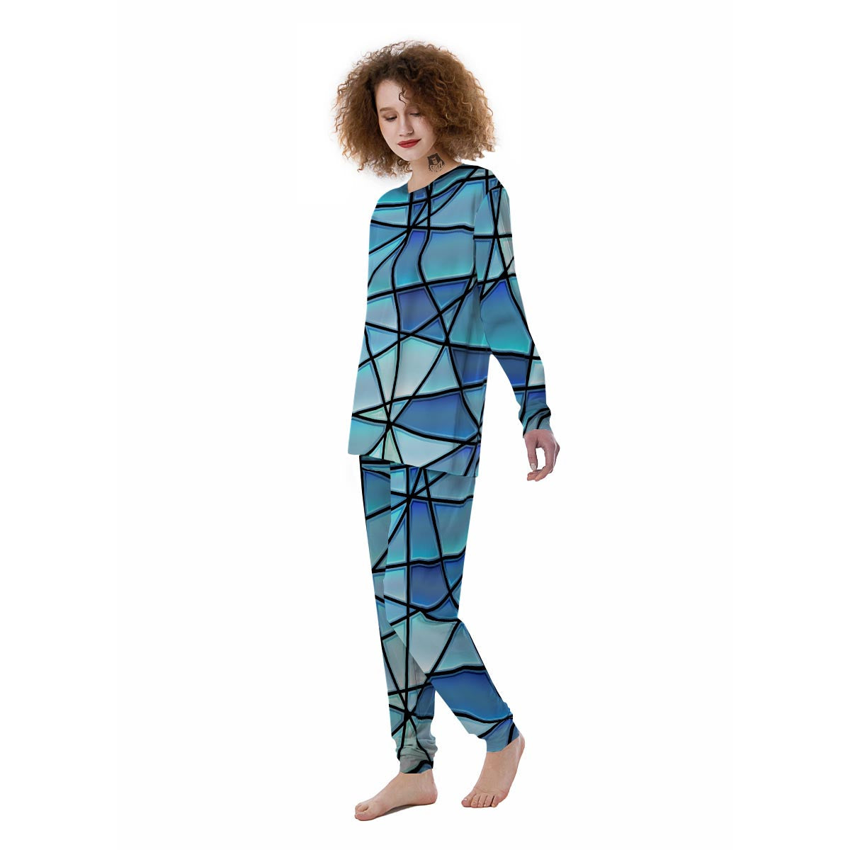 Stained Glass Mosaic Teal Print Women's Pajamas-grizzshop