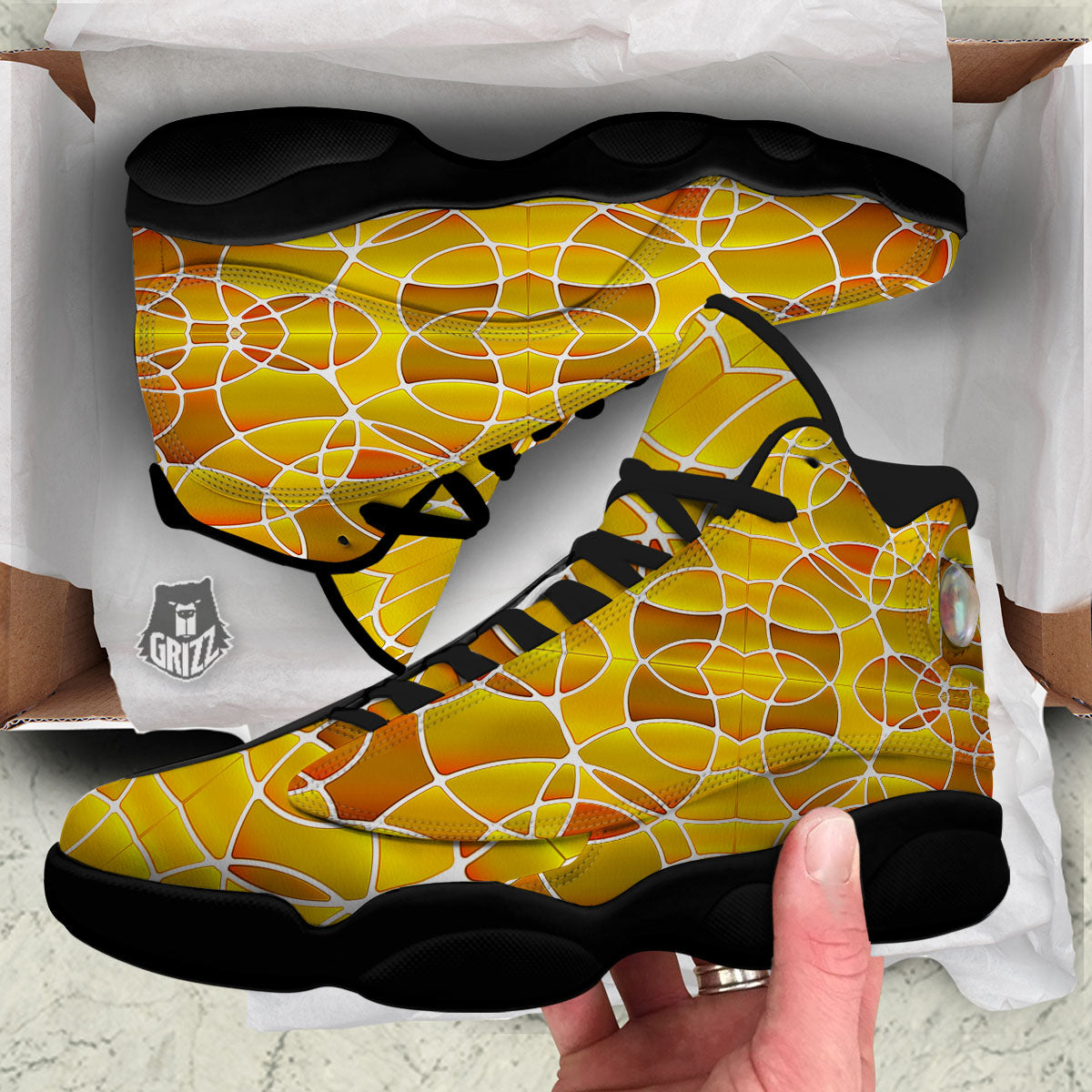 Stained Glass Mosaic Yellow Print Pattern Black Basketball Shoes-grizzshop