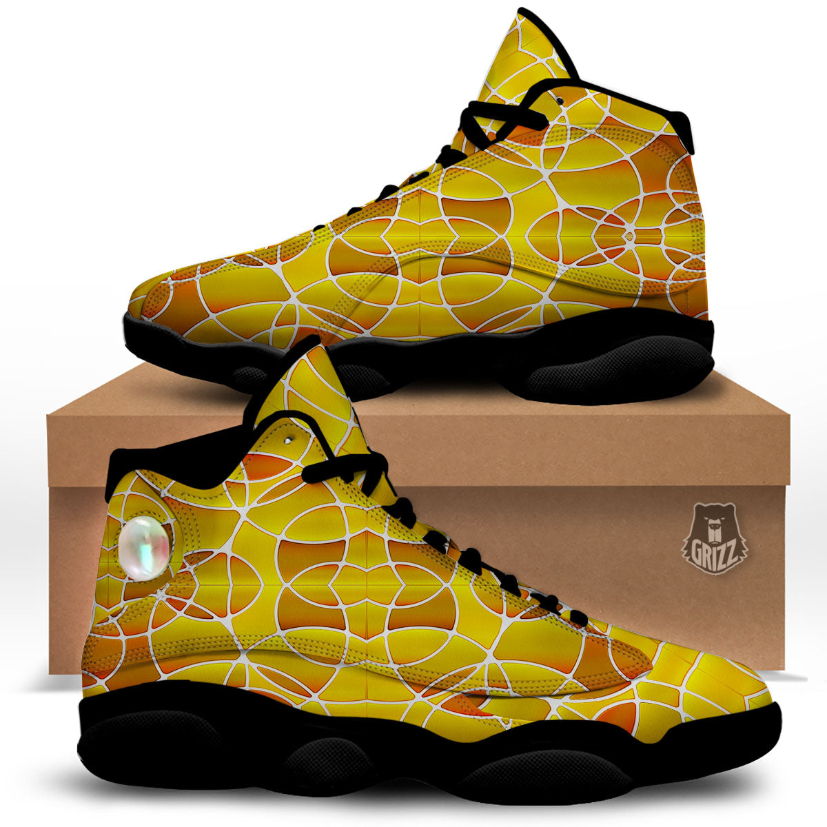 Stained Glass Mosaic Yellow Print Pattern Black Basketball Shoes-grizzshop