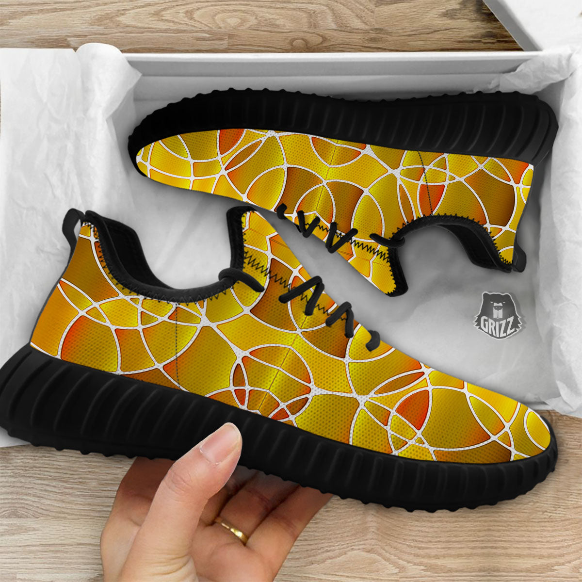 Stained Glass Mosaic Yellow Print Pattern Black Walking Shoes-grizzshop