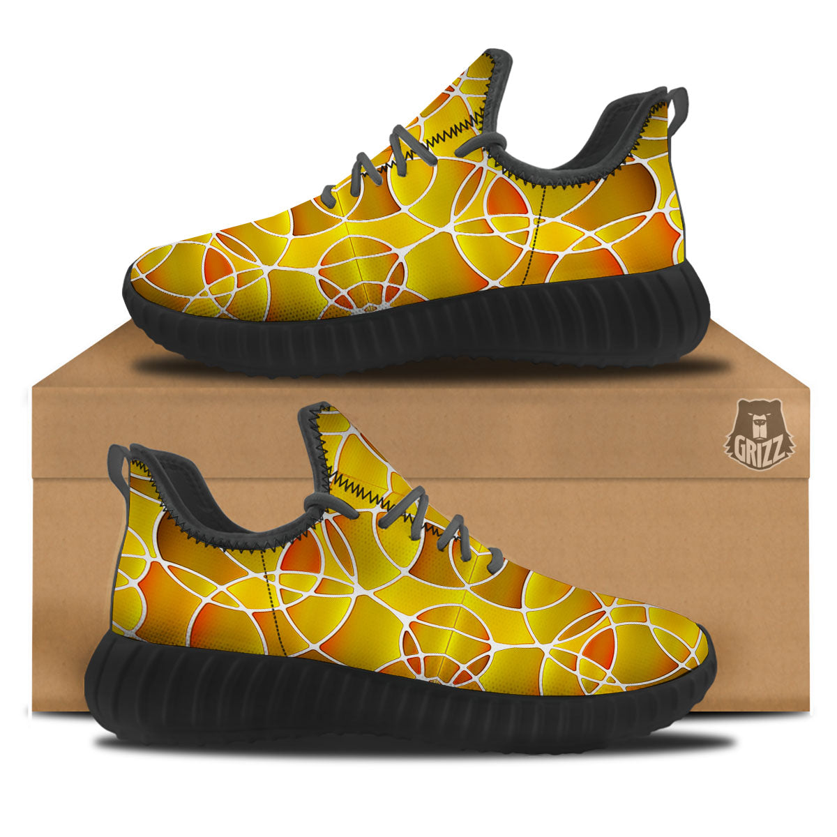 Stained Glass Mosaic Yellow Print Pattern Black Walking Shoes-grizzshop