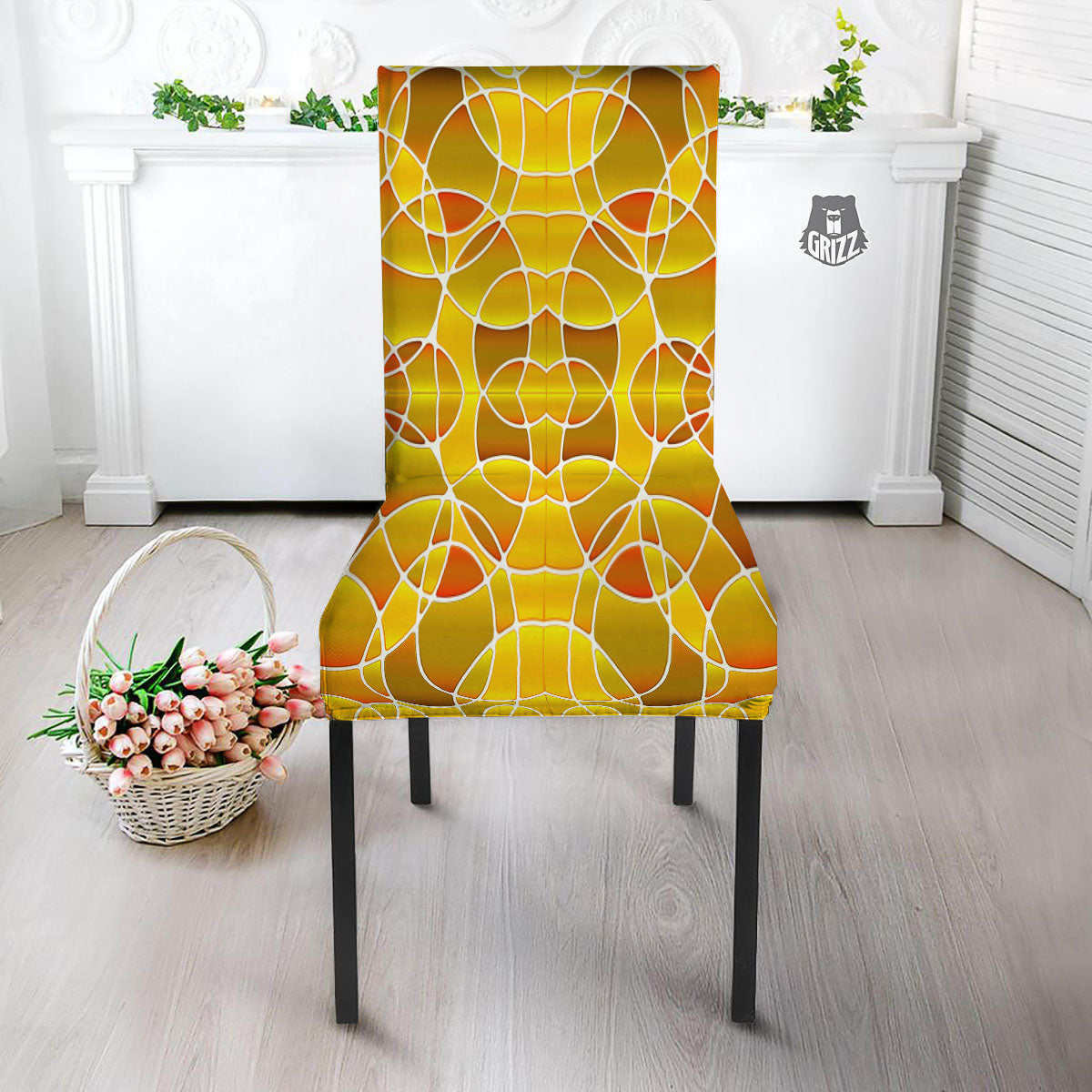 Stained Glass Mosaic Yellow Print Pattern Dining Chair Slipcover-grizzshop
